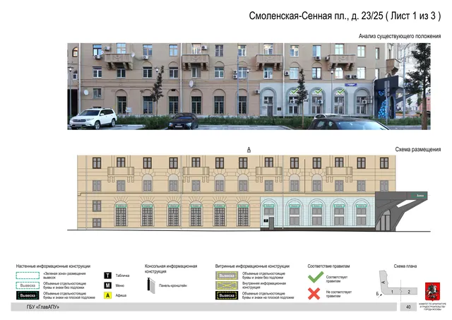 Архитектурная концепция размещения вывесок — Смоленская-сенная площадь, 23/25, Москва, лист 1 из 3 · Документ по адресу · Архитектурно-художественная концепция · 2018 год