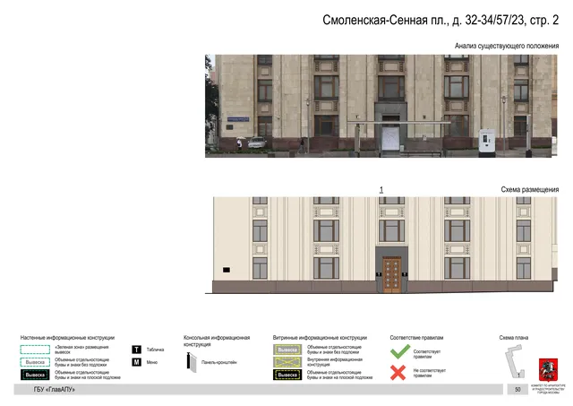 Архитектурная концепция размещения вывесок — Смоленская-сенная площадь, 32-34/57/23, стр. 2, Москва, страница PDF 53 · Адрес также найден в другом документе · Архитектурно-художественная концепция · 2018 год