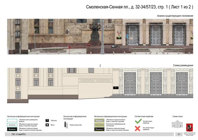 Архитектурная концепция размещения вывесок — Смоленская-сенная площадь, 32-34/57/23, стр. 1, Москва, лист 1 из 2 · Документ по адресу · Архитектурно-художественная концепция · 2018 год