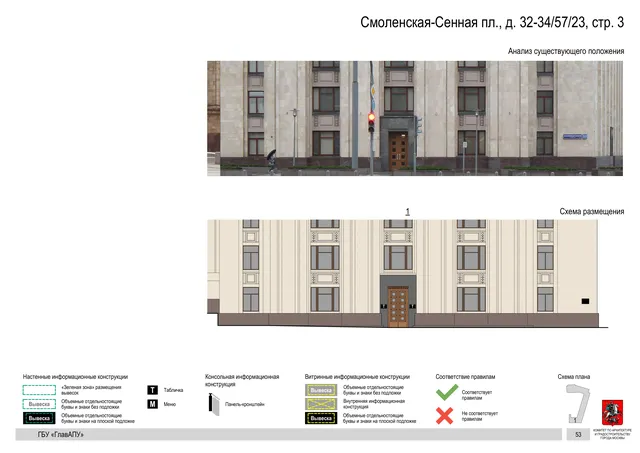 Архитектурная концепция размещения вывесок — Смоленская-сенная площадь, 32-34/57/23, стр. 3, Москва, страница PDF 56 · Документ по адресу · Архитектурно-художественная концепция · 2018 год