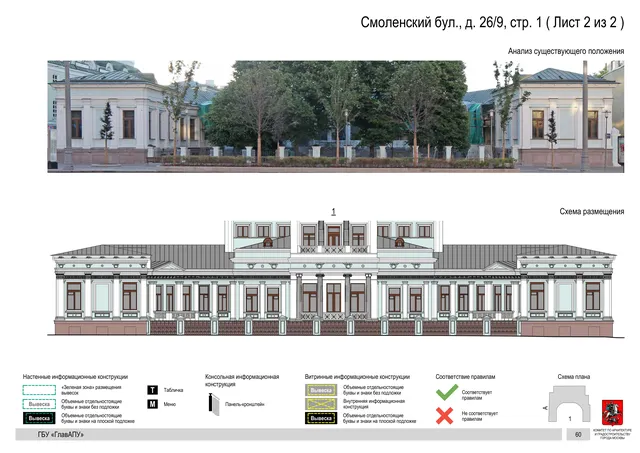 Архитектурная концепция размещения вывесок — Смоленский бульвар, 26/9, стр. 1, Москва, лист 2 из 2 · Документ по адресу · Архитектурно-художественная концепция · 2018 год