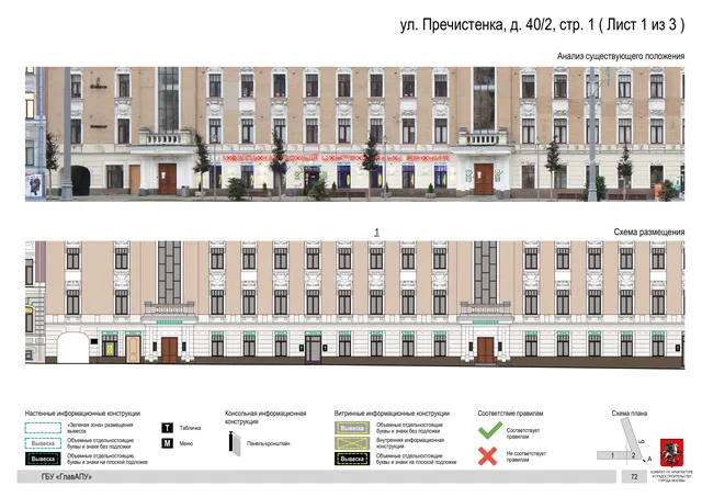 Архитектурная концепция размещения вывесок — Пречистенка улица, 40/2, стр. 1, Москва, лист 1 из 3 · Документ по адресу · Архитектурно-художественная концепция · 2018 год