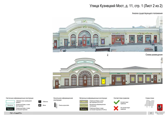 Архитектурная концепция размещения вывесок — Кузнецкий мост улица, 11, стр. 1, Москва, лист 2 из 2 · Документ по адресу · Архитектурно-художественная концепция