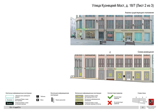 Архитектурная концепция размещения вывесок — Кузнецкий мост улица, 18/7, Москва, лист 2 из 3 · Документ по адресу · Архитектурно-художественная концепция