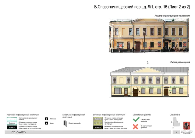 Архитектурная концепция размещения вывесок — Б спасоглинищевский переулок, 9/1, стр. 16, Москва, лист 2 из 2 · Документ по адресу · Архитектурно-художественная концепция · 2017 год