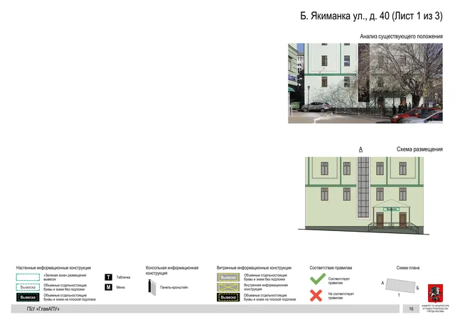 Б. Якиманка ул., д. 40 (Лист 1 из 3) · PDF 18 Архитектурная концепция размещения вывесок — Большая якиманка улица, 40, Москва, лист 1 из 3 · Документ по адресу · Архитектурно-художественная концепция