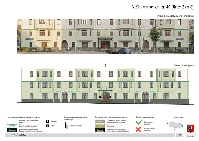 Б. Якиманка ул., д. 40 (Лист 2 из 3) · PDF 19 Архитектурная концепция размещения вывесок — Большая якиманка улица, 40, Москва, лист 2 из 3 · Документ по адресу · Архитектурно-художественная концепция