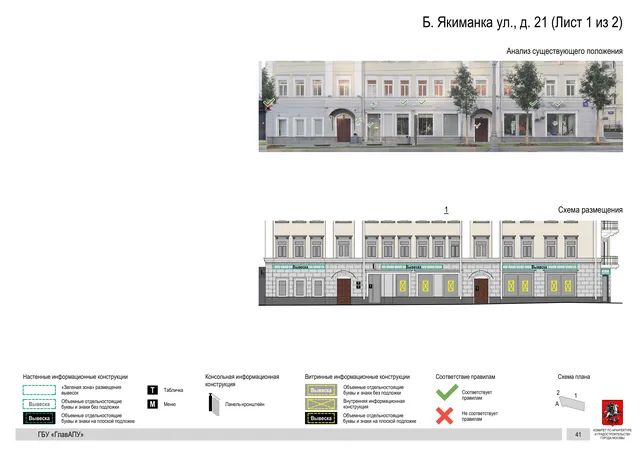 Архитектурная концепция размещения вывесок — Большая якиманка улица, 21, Москва, лист 1 из 2 · Документ по адресу · Архитектурно-художественная концепция