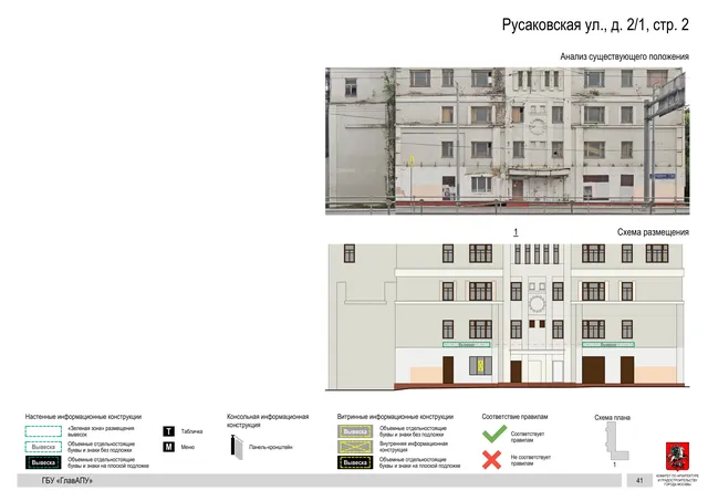 Архитектурная концепция размещения вывесок — Русаковская улица, 2/1, стр. 2, Москва, страница PDF 44 · Документ по адресу · Архитектурно-художественная концепция · 2020 год