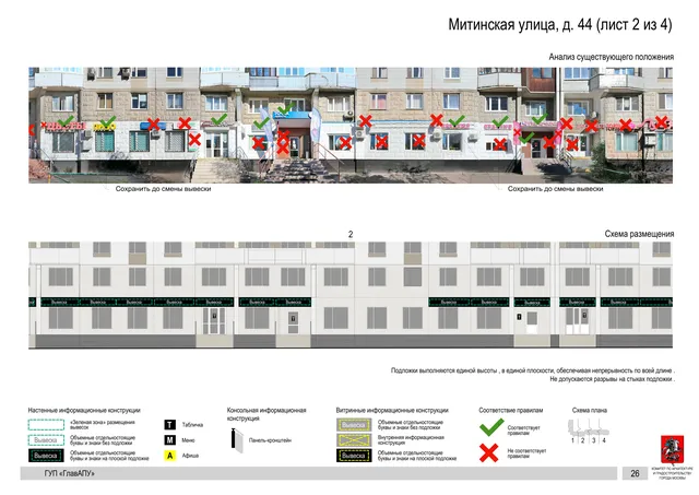 Архитектурная концепция размещения вывесок — Митинская улица, 44, Москва, лист 2 из 4 · Документ по адресу · Архитектурно-художественная концепция · 2016 год