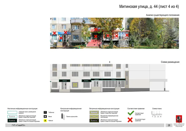 Архитектурная концепция размещения вывесок — Митинская улица, 44, Москва, лист 4 из 4 · Документ по адресу · Архитектурно-художественная концепция · 2016 год