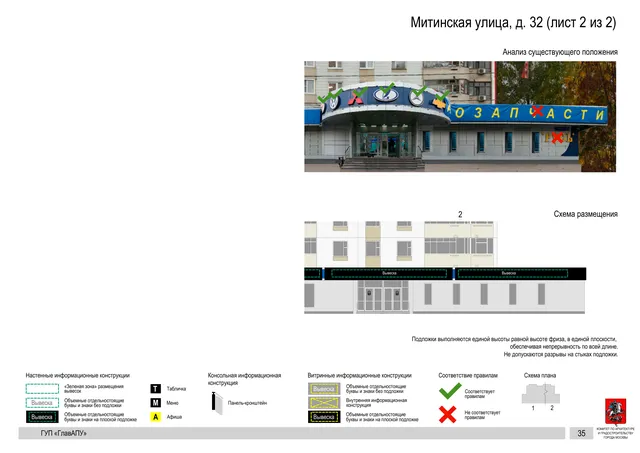 Архитектурная концепция размещения вывесок — Митинская улица, 32, Москва, лист 2 из 2 · Документ по адресу · Архитектурно-художественная концепция · 2016 год