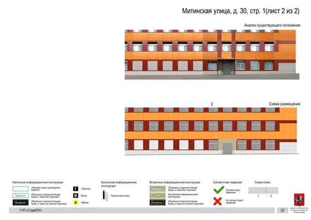 Архитектурная концепция размещения вывесок — Митинская улица, 30, стр. 1, Москва, лист 2 из 2 · Документ по адресу · Архитектурно-художественная концепция · 2016 год