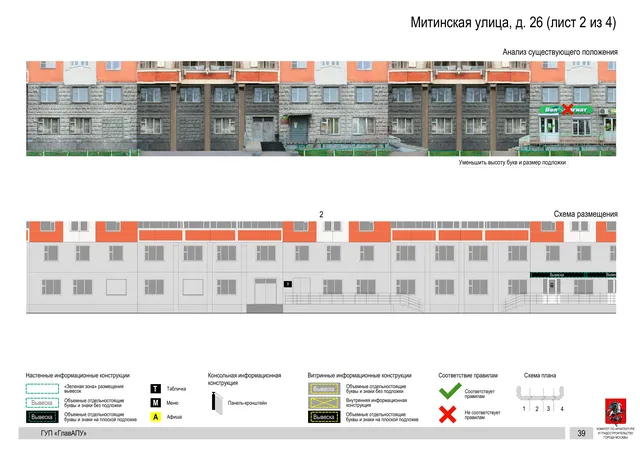 Архитектурная концепция размещения вывесок — Митинская улица, 26, Москва, лист 2 из 4 · Документ по адресу · Архитектурно-художественная концепция · 2016 год