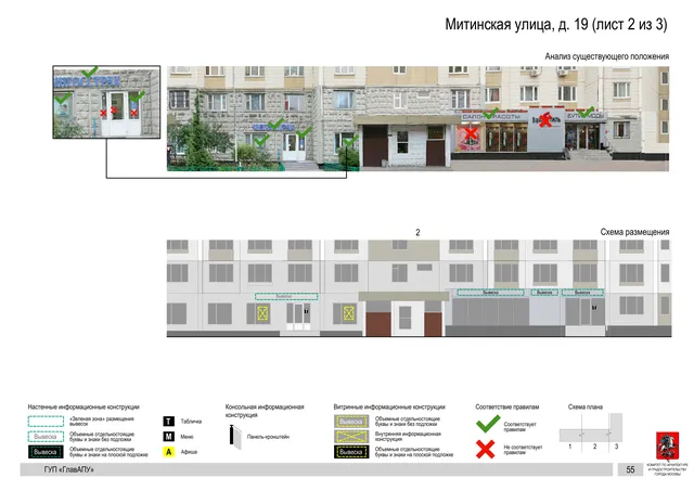 Архитектурная концепция размещения вывесок — Митинская улица, 19, Москва, лист 2 из 3 · Документ по адресу · Архитектурно-художественная концепция · 2016 год