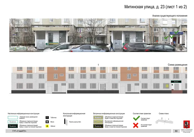 Архитектурная концепция размещения вывесок — Митинская улица, 23, Москва, лист 1 из 2 · Документ по адресу · Архитектурно-художественная концепция · 2016 год
