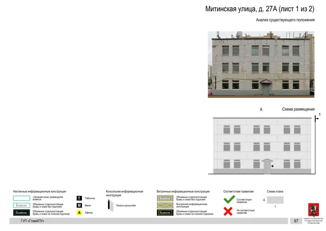 Архитектурная концепция размещения вывесок — Митинская улица, 27А, Москва, лист 1 из 2 · Документ по адресу · Архитектурно-художественная концепция · 2016 год