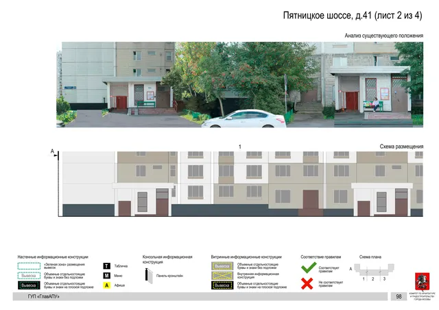 Архитектурная концепция размещения вывесок — Пятницкое шоссе, 41, Москва, лист 2 из 4 · Документ по адресу · Архитектурно-художественная концепция · 2016 год