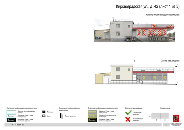 Архитектурная концепция размещения вывесок — Кировоградская улица, 42, Москва, лист 1 из 3 · Документ по адресу · Архитектурно-художественная концепция · 2016 год