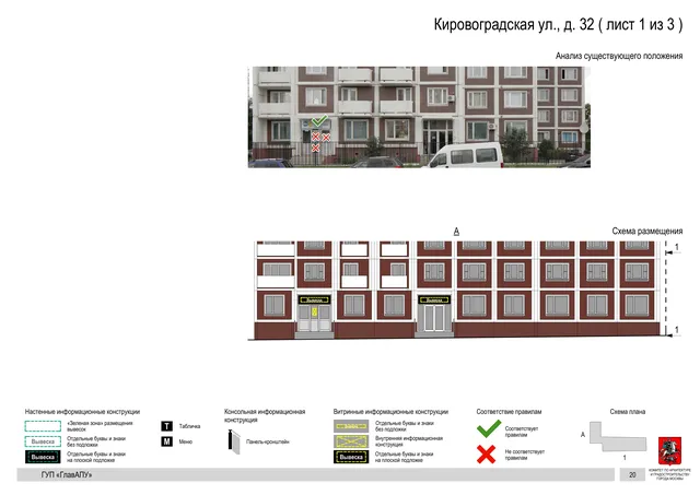 Архитектурная концепция размещения вывесок — Кировоградская улица, 32, Москва, лист 1 из 3 · Документ по адресу · Архитектурно-художественная концепция · 2016 год