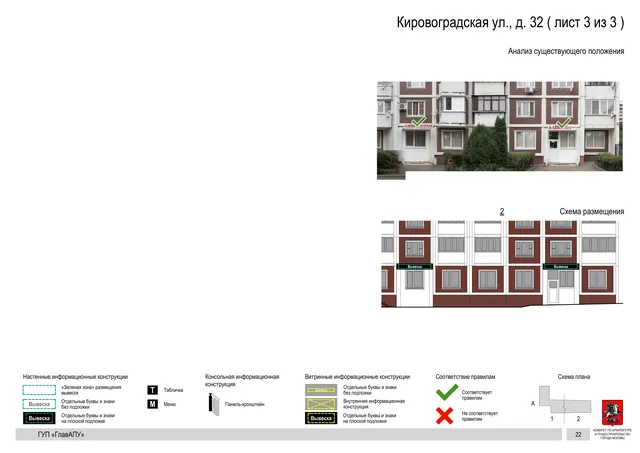 Архитектурная концепция размещения вывесок — Кировоградская улица, 32, Москва, лист 3 из 3 · Документ по адресу · Архитектурно-художественная концепция · 2016 год