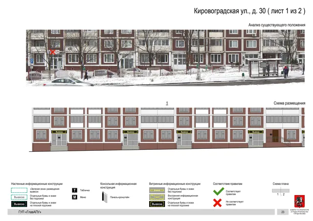 Архитектурная концепция размещения вывесок — Кировоградская улица, 30, Москва, лист 1 из 2 · Документ по адресу · Архитектурно-художественная концепция · 2016 год