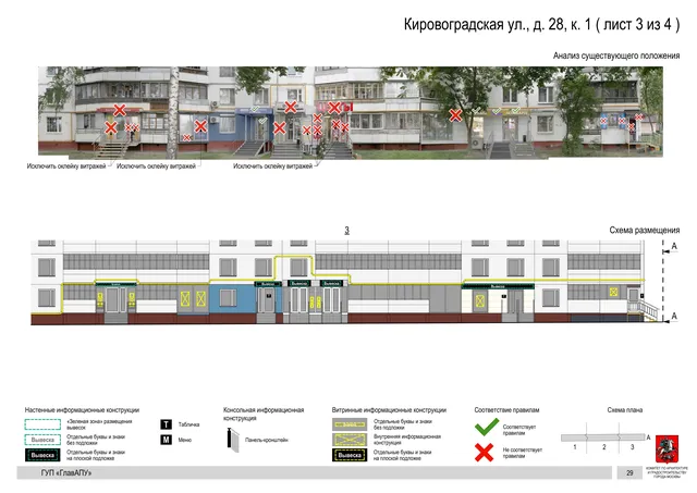 Архитектурная концепция размещения вывесок — Кировоградская улица, 28, корп. 1, Москва, лист 3 из 4 · Документ по адресу · Архитектурно-художественная концепция · 2016 год