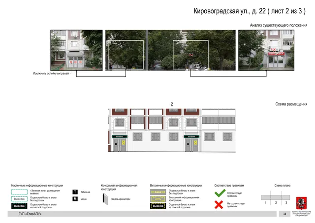 Архитектурная концепция размещения вывесок — Кировоградская улица, 22, Москва, лист 2 из 3 · Документ по адресу · Архитектурно-художественная концепция · 2016 год