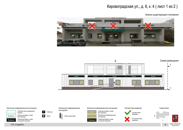 Архитектурная концепция размещения вывесок — Кировоградская улица, 8, корп. 4, Москва, лист 1 из 2 · Документ по адресу · Архитектурно-художественная концепция · 2016 год