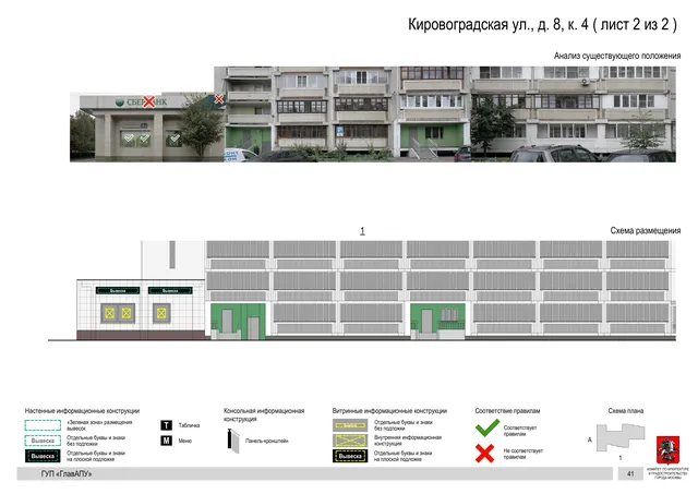 Архитектурная концепция размещения вывесок — Кировоградская улица, 8, корп. 4, Москва, лист 2 из 2 · Документ по адресу · Архитектурно-художественная концепция · 2016 год