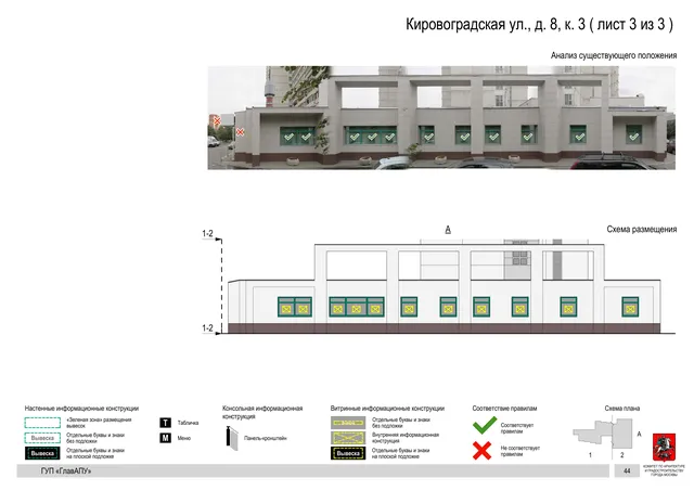 Архитектурная концепция размещения вывесок — Кировоградская улица, 8, корп. 3, Москва, лист 3 из 3 · Документ по адресу · Архитектурно-художественная концепция · 2016 год