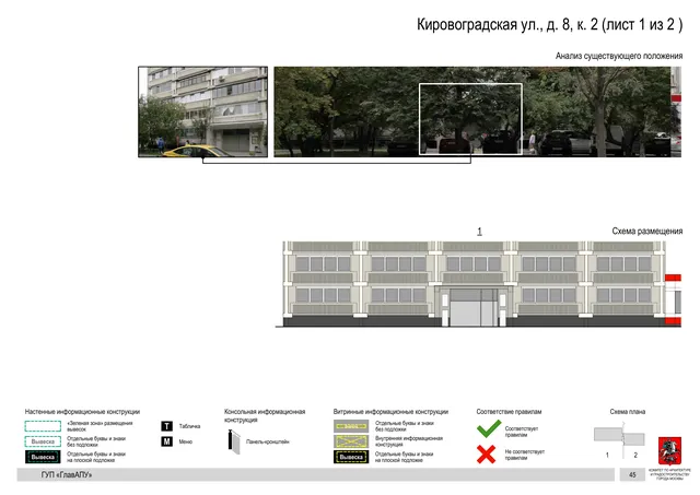 Архитектурная концепция размещения вывесок — Кировоградская улица, 8, корп. 2, Москва, лист 1 из 2 · Документ по адресу · Архитектурно-художественная концепция · 2016 год