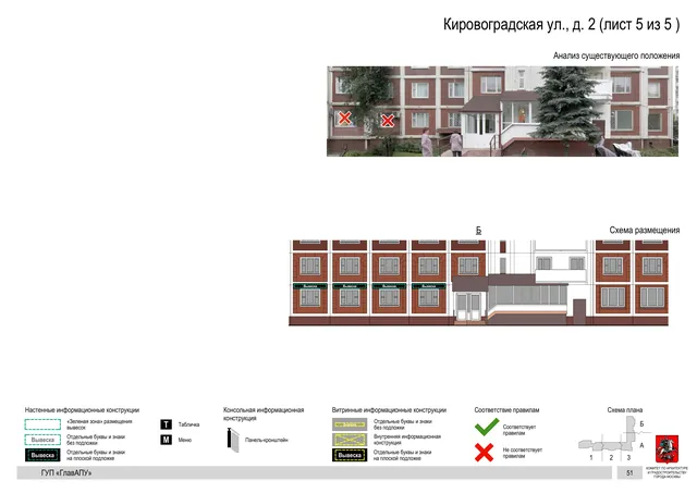 Архитектурная концепция размещения вывесок — Кировоградская улица, 2, Москва, лист 5 из 5 · Документ по адресу · Архитектурно-художественная концепция · 2016 год