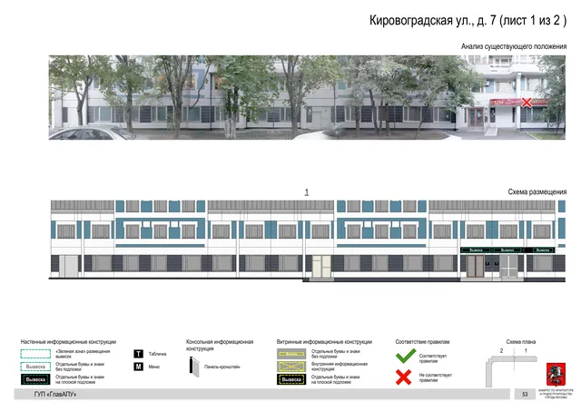 Архитектурная концепция размещения вывесок — Кировоградская улица, 7, Москва, лист 1 из 2 · Документ по адресу · Архитектурно-художественная концепция · 2016 год