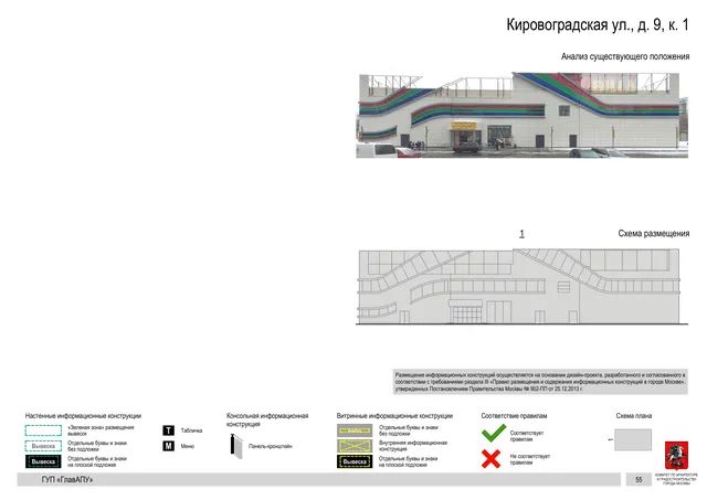 Архитектурная концепция размещения вывесок — Кировоградская улица, 9, корп. 1, Москва, страница PDF 55 · Документ по адресу · Архитектурно-художественная концепция · 2016 год