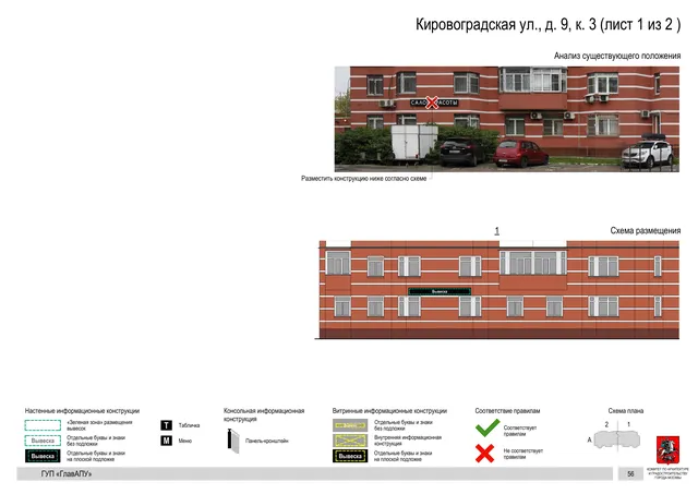 Архитектурная концепция размещения вывесок — Кировоградская улица, 9, корп. 3, Москва, лист 1 из 2 · Документ по адресу · Архитектурно-художественная концепция · 2016 год
