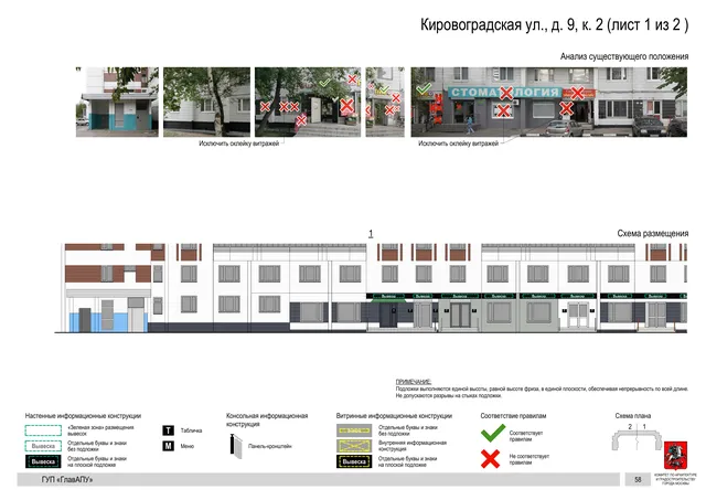 Архитектурная концепция размещения вывесок — Кировоградская улица, 9, корп. 2, Москва, лист 1 из 2 · Документ по адресу · Архитектурно-художественная концепция · 2016 год