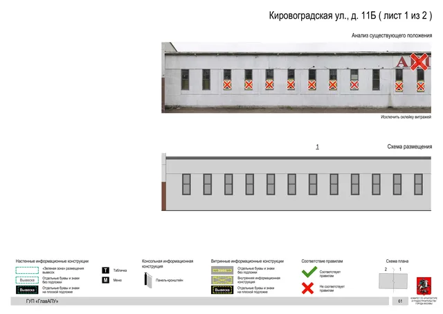 Архитектурная концепция размещения вывесок — Кировоградская улица, 11Б, Москва, лист 1 из 2 · Документ по адресу · Архитектурно-художественная концепция · 2016 год