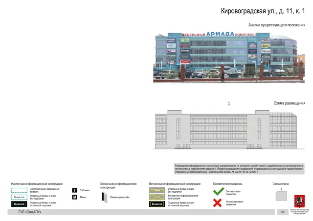 Архитектурная концепция размещения вывесок — Кировоградская улица, 11, корп. 1, Москва, страница PDF 66 · Документ по адресу · Архитектурно-художественная концепция · 2016 год