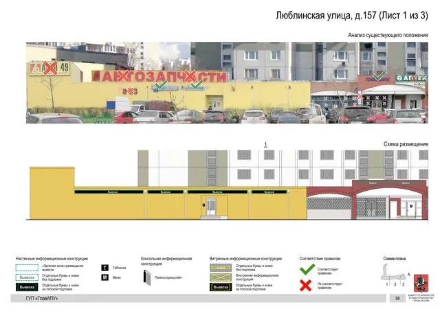 Архитектурная концепция размещения вывесок — Люблинская улица, 157, Москва, лист 1 из 3 · Документ по адресу · Архитектурно-художественная концепция · 2016 год
