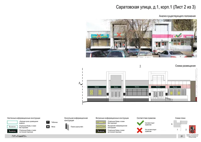Архитектурная концепция размещения вывесок — Саратовская улица, 1, корп. 1, Москва, лист 2 из 3 · Документ по адресу · Архитектурно-художественная концепция · 2016 год