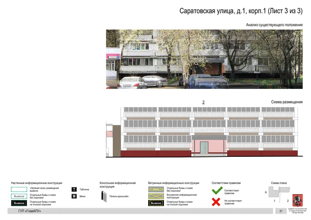 Архитектурная концепция размещения вывесок — Саратовская улица, 1, корп. 1, Москва, лист 3 из 3 · Документ по адресу · Архитектурно-художественная концепция · 2016 год