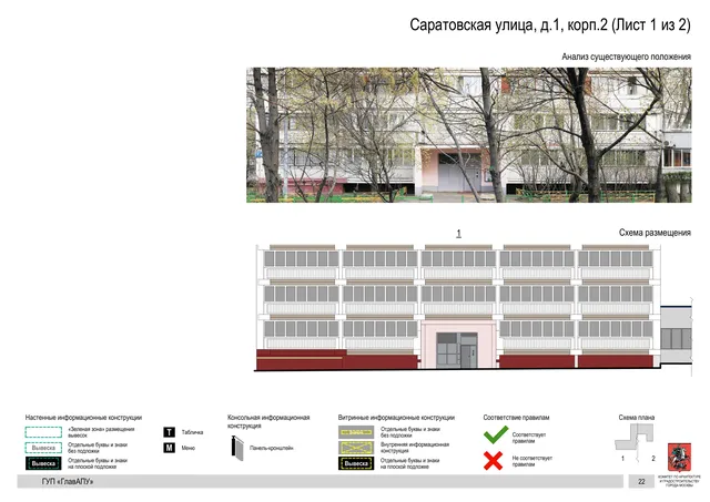 Архитектурная концепция размещения вывесок — Саратовская улица, 1, корп. 2, Москва, лист 1 из 2 · Документ по адресу · Архитектурно-художественная концепция · 2016 год