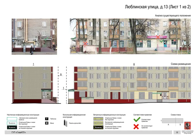 Архитектурная концепция размещения вывесок — Люблинская улица, 13, Москва, лист 1 из 2 · Документ по адресу · Архитектурно-художественная концепция · 2016 год