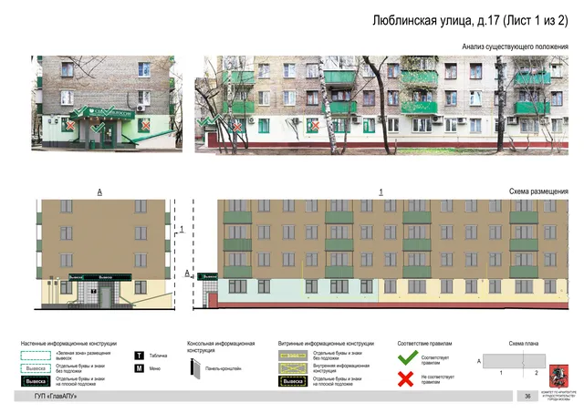 Архитектурная концепция размещения вывесок — Люблинская улица, 17, Москва, лист 1 из 2 · Документ по адресу · Архитектурно-художественная концепция · 2016 год
