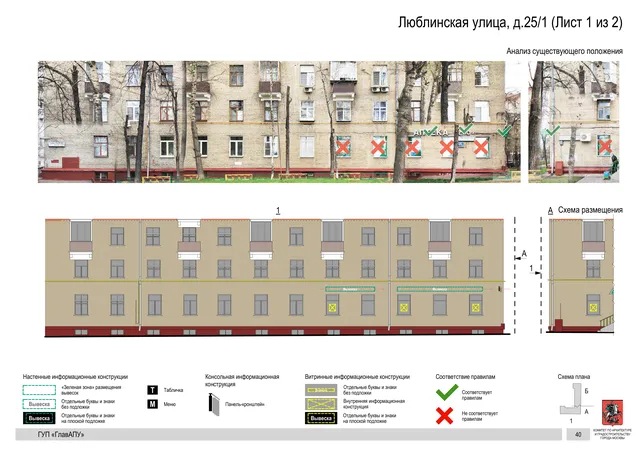 Архитектурная концепция размещения вывесок — Люблинская улица, 25/1, Москва, лист 1 из 2 · Документ по адресу · Архитектурно-художественная концепция · 2016 год
