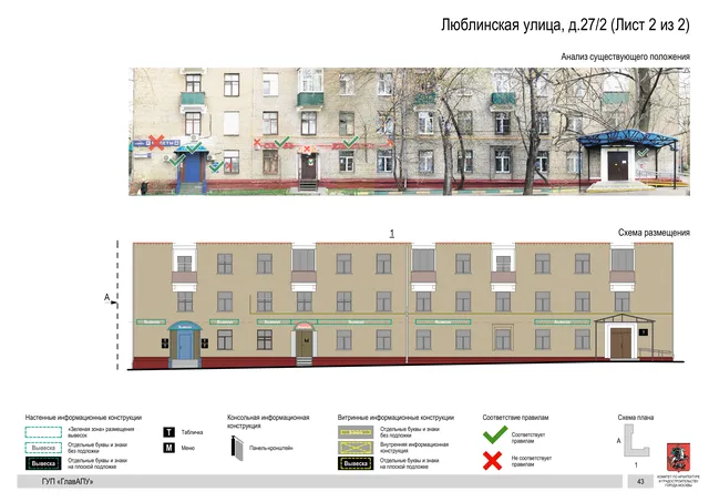 Архитектурная концепция размещения вывесок — Люблинская улица, 27/2, Москва, лист 2 из 2 · Документ по адресу · Архитектурно-художественная концепция · 2016 год