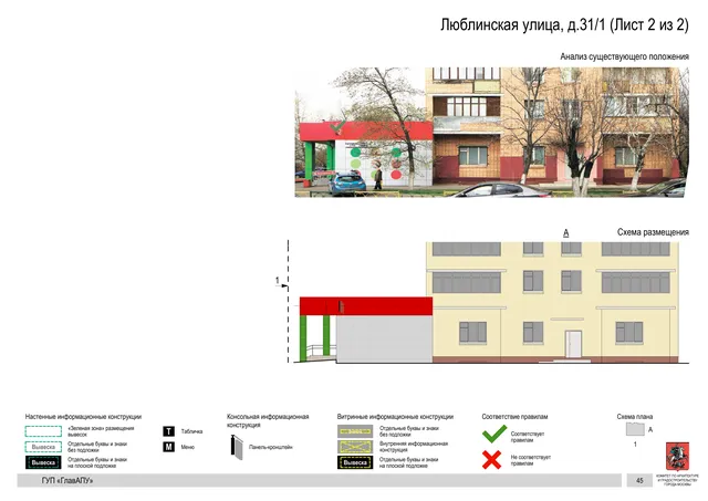 Архитектурная концепция размещения вывесок — Люблинская улица, 31/1, Москва, лист 2 из 2 · Документ по адресу · Архитектурно-художественная концепция · 2016 год