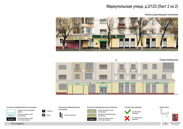 Архитектурная концепция размещения вывесок — Мариупольская улица, 2/123, Москва, лист 2 из 2 · Документ по адресу · Архитектурно-художественная концепция · 2016 год