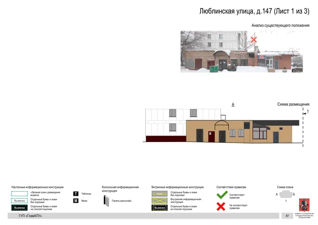 Архитектурная концепция размещения вывесок — Люблинская улица, 147, Москва, лист 1 из 3 · Документ по адресу · Архитектурно-художественная концепция · 2016 год